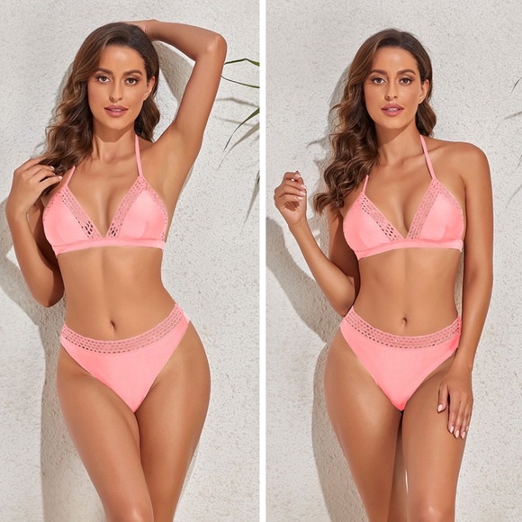 Other - Solid Pink Openwork Halter Neck Bikini Set